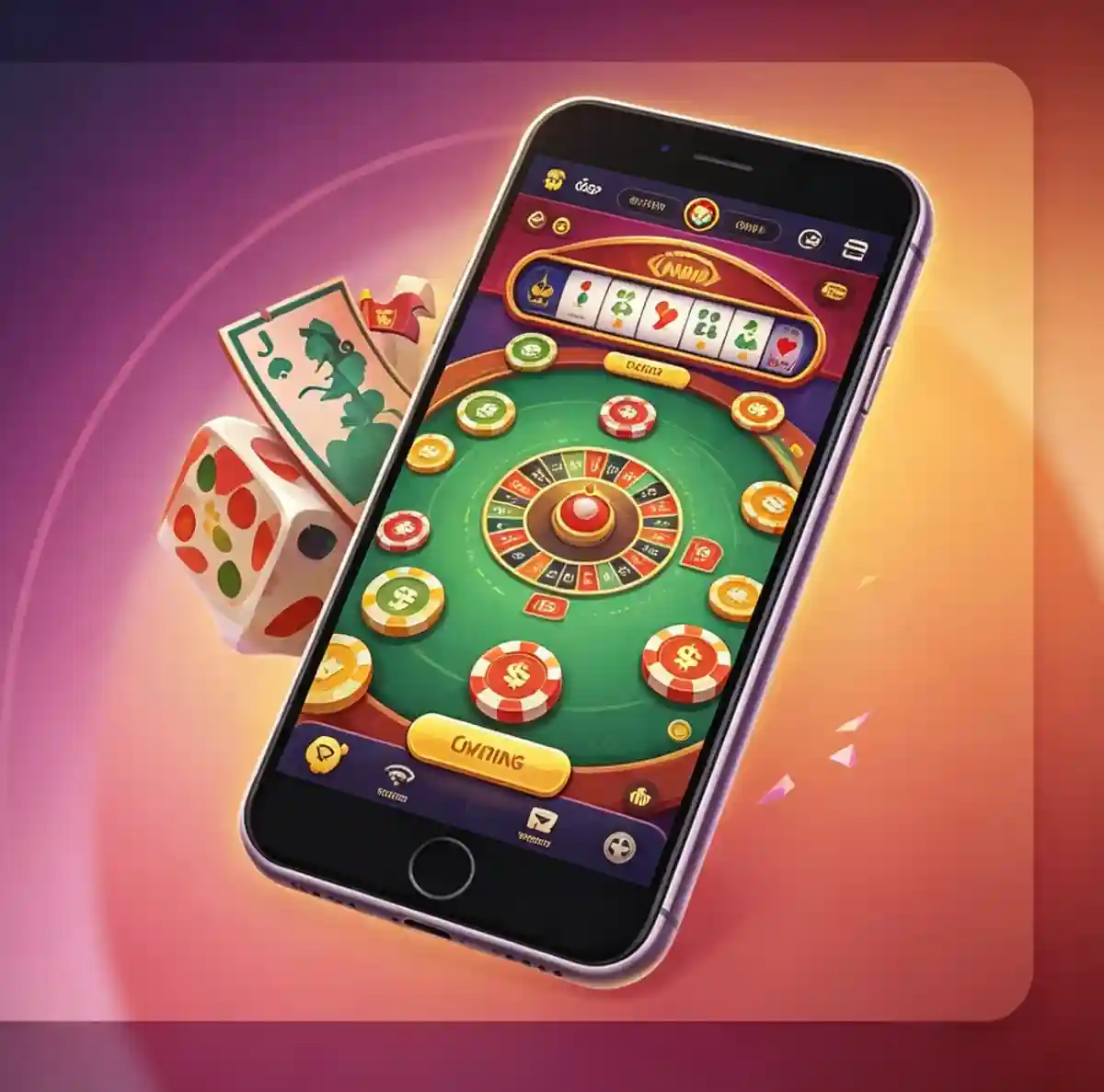 Smartphone displaying a roulette game interface with betting chips, surrounded by playing cards and dice, showcasing Gamdom's mobile app gameplay