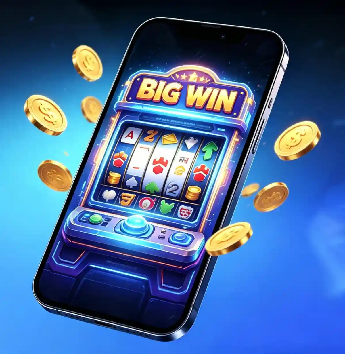 Smartphone displaying a slot machine game with a 'Big Win' banner, surrounded by floating gold coins, showcasing Gamdom's mobile slots