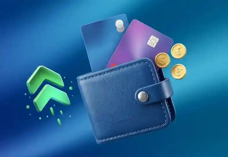 3D blue wallet with bank cards and gold coins beside the Gamdom logo on a blue gradient background, representing Gamdom's payment methods