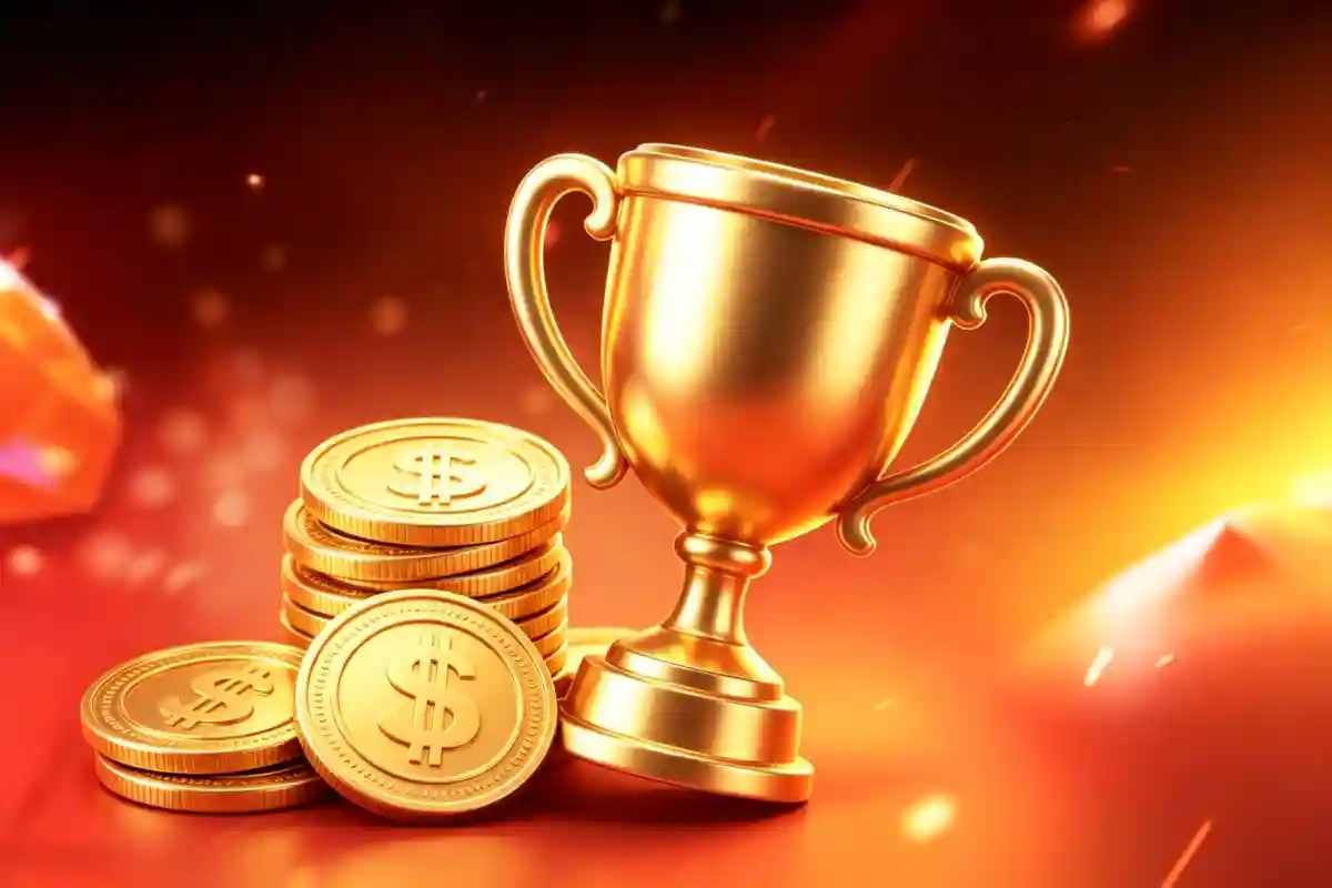 Gold trophy beside a stack of dollar-sign coins on a warm orange background, closing out Gamdom's promotions section