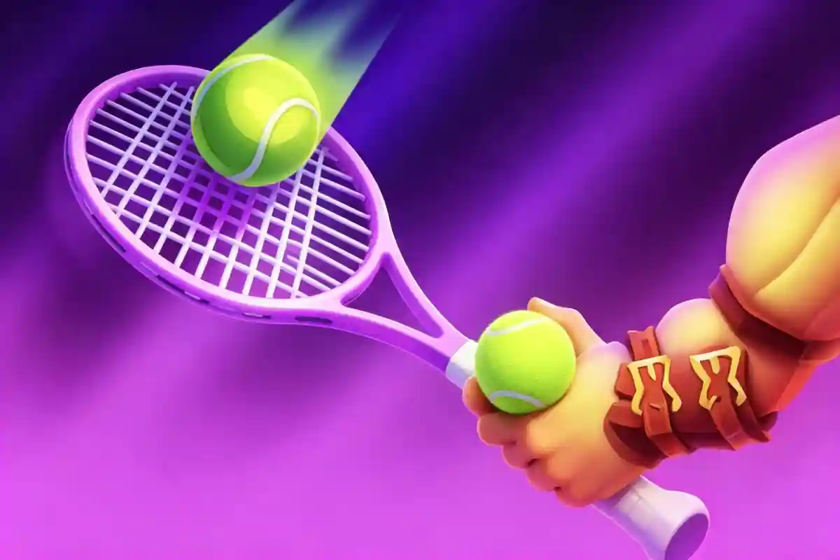 3D animated hand holding a tennis ball while swinging a purple racket to strike an incoming ball, illustrating Gamdom's tennis and sports betting markets