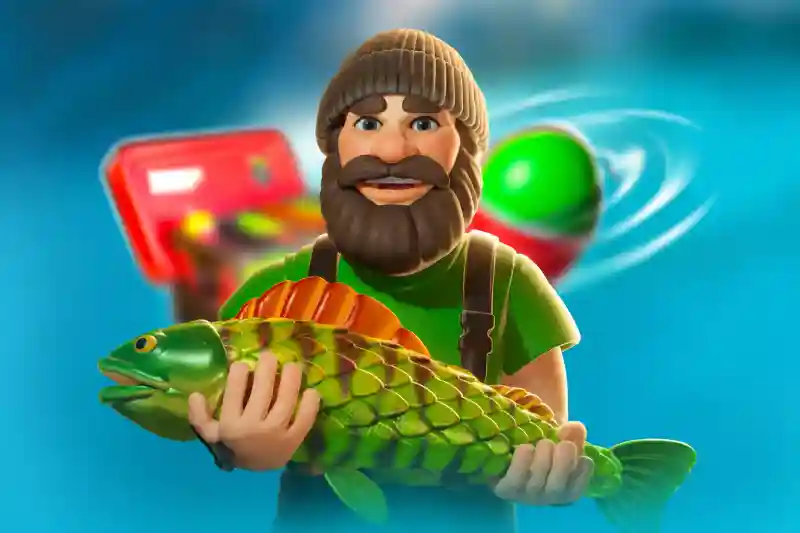 Bearded man in a beanie and green overalls holding a large green fish, with a red tackle box and green bobber blurred in the background