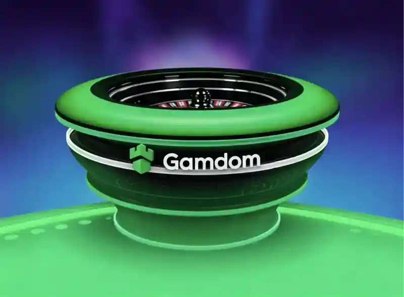 Green roulette wheel with the Gamdom logo on its rim, glowing against a dark purple background