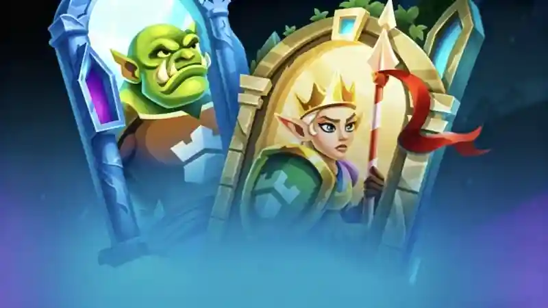 Green orc character and an elf queen wearing a golden crown and holding a spear, framed by ornate stone archways in a dark fantasy scene