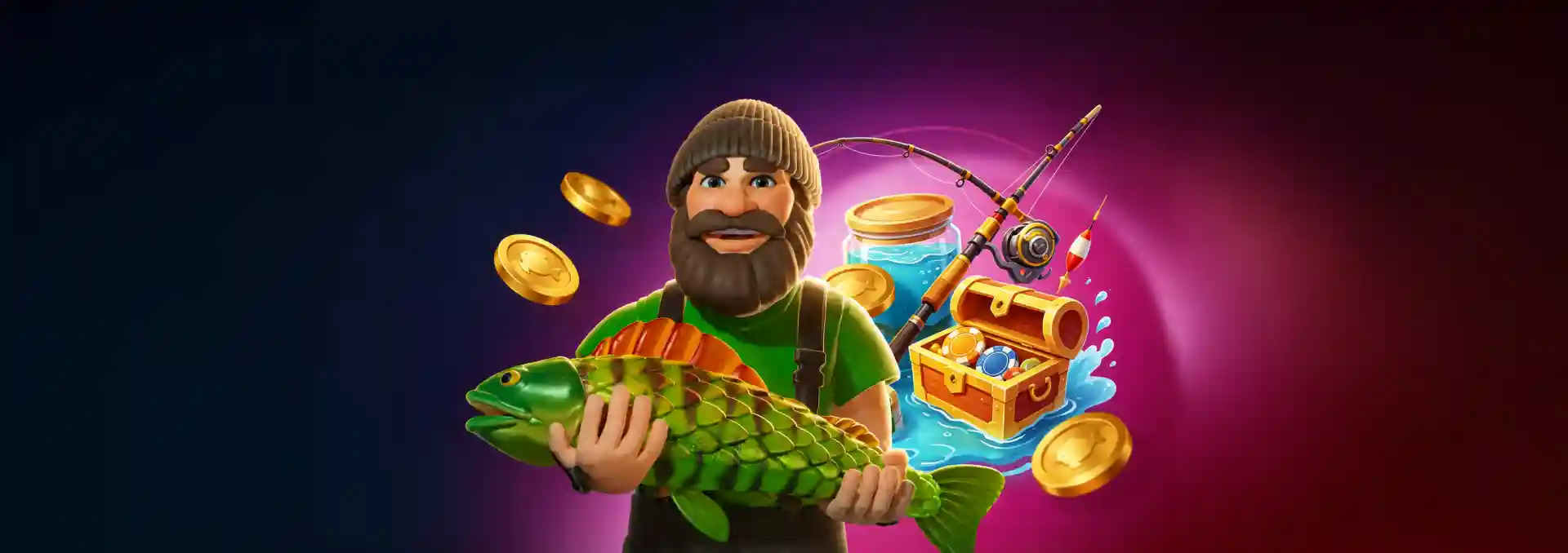 3D animated fisherman holding a large fish beside a treasure chest of casino chips, fishing rod, and gold coins, illustrating Gamdom's fishing-themed casino game