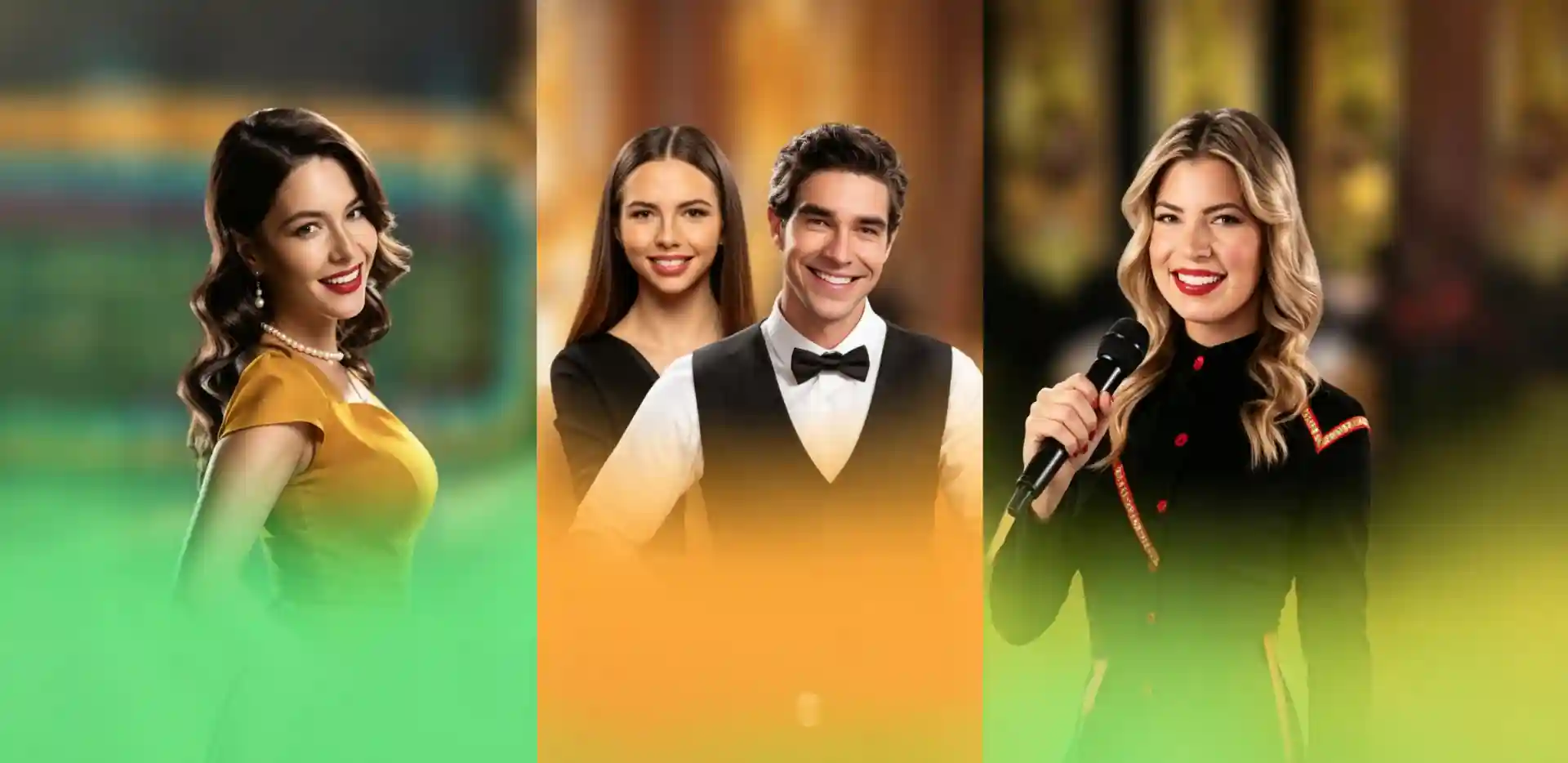 Three smiling professional live casino dealers and hosts in formal attire, representing Gamdom's live dealer game shows